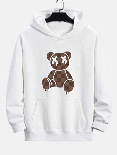 Plaid Dissolving Bear Print Relax Fit Hoodie