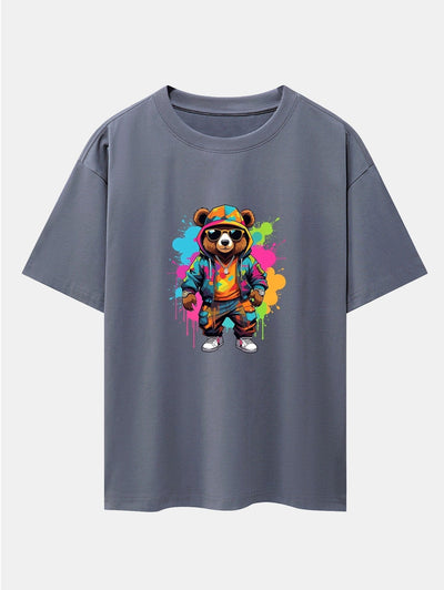 Graffiti Bear Print Drop Shoulder Oversize T-Shirt