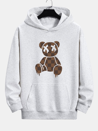 Plaid Dissolving Bear Print Relax Fit Hoodie