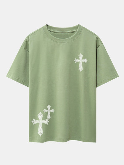 Ornamental Cross Print Drop Shoulder Oversize T-Shirt