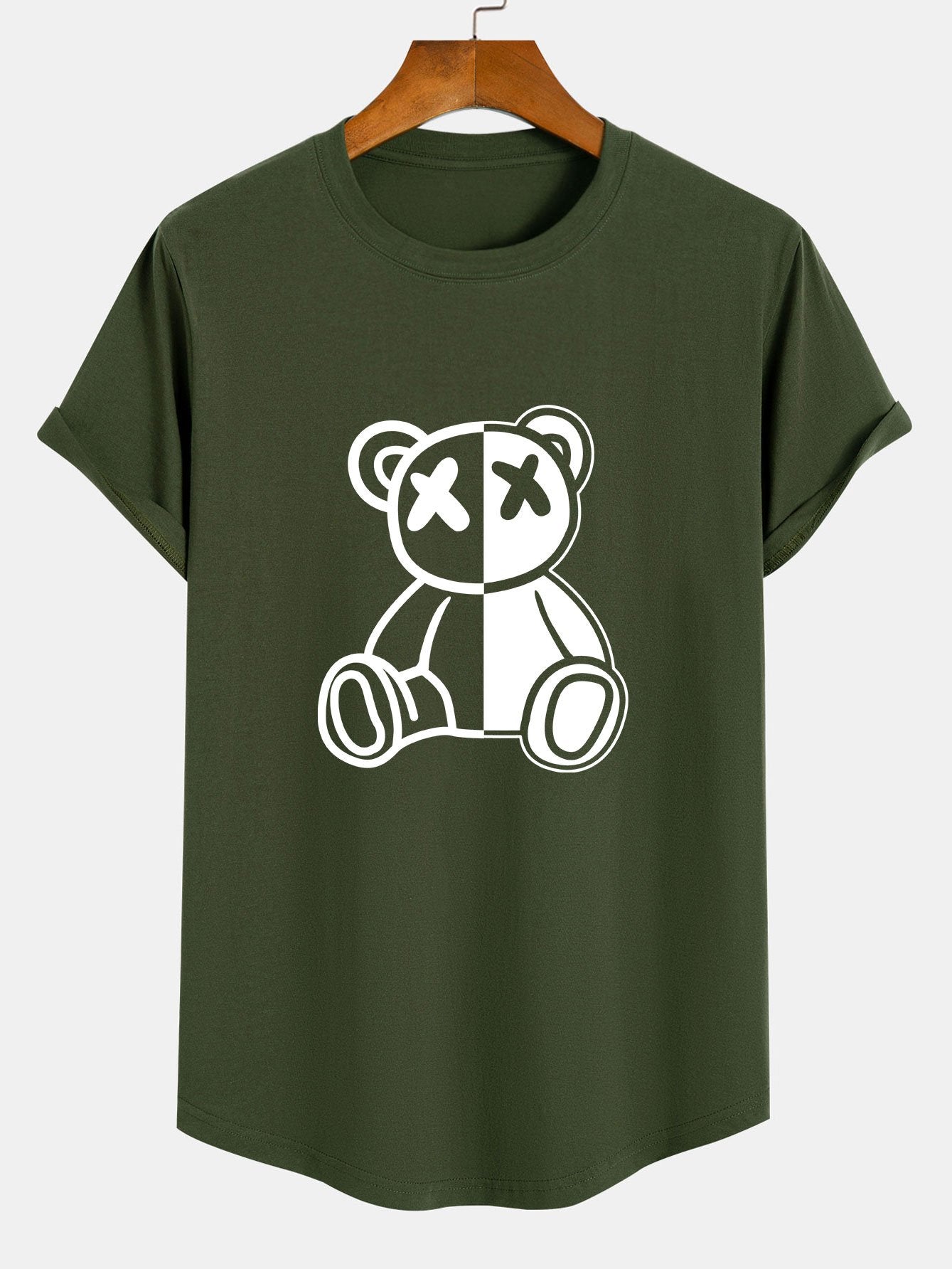 Bear Print Cotton Arc Hem T-Shirt
