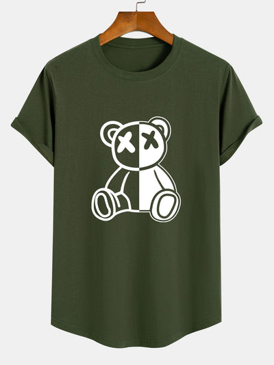 Bear Print Cotton Arc Hem T-Shirt