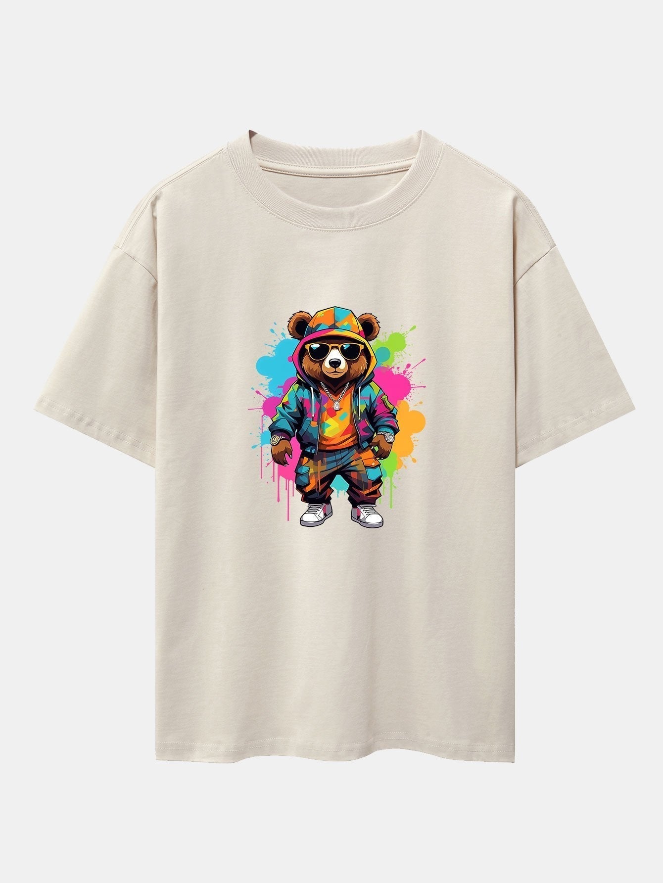 Graffiti Bear Print Drop Shoulder Oversize T-Shirt