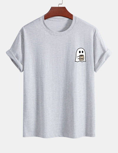 Regular Fit Ghost Drinking Coffee Print Cotton T-Shirt