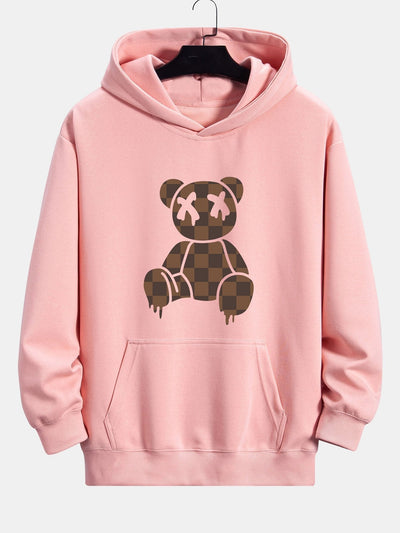Plaid Dissolving Bear Print Relax Fit Hoodie