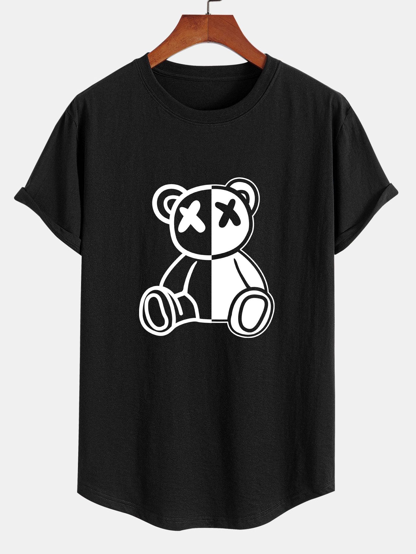 Bear Print Cotton Arc Hem T-Shirt