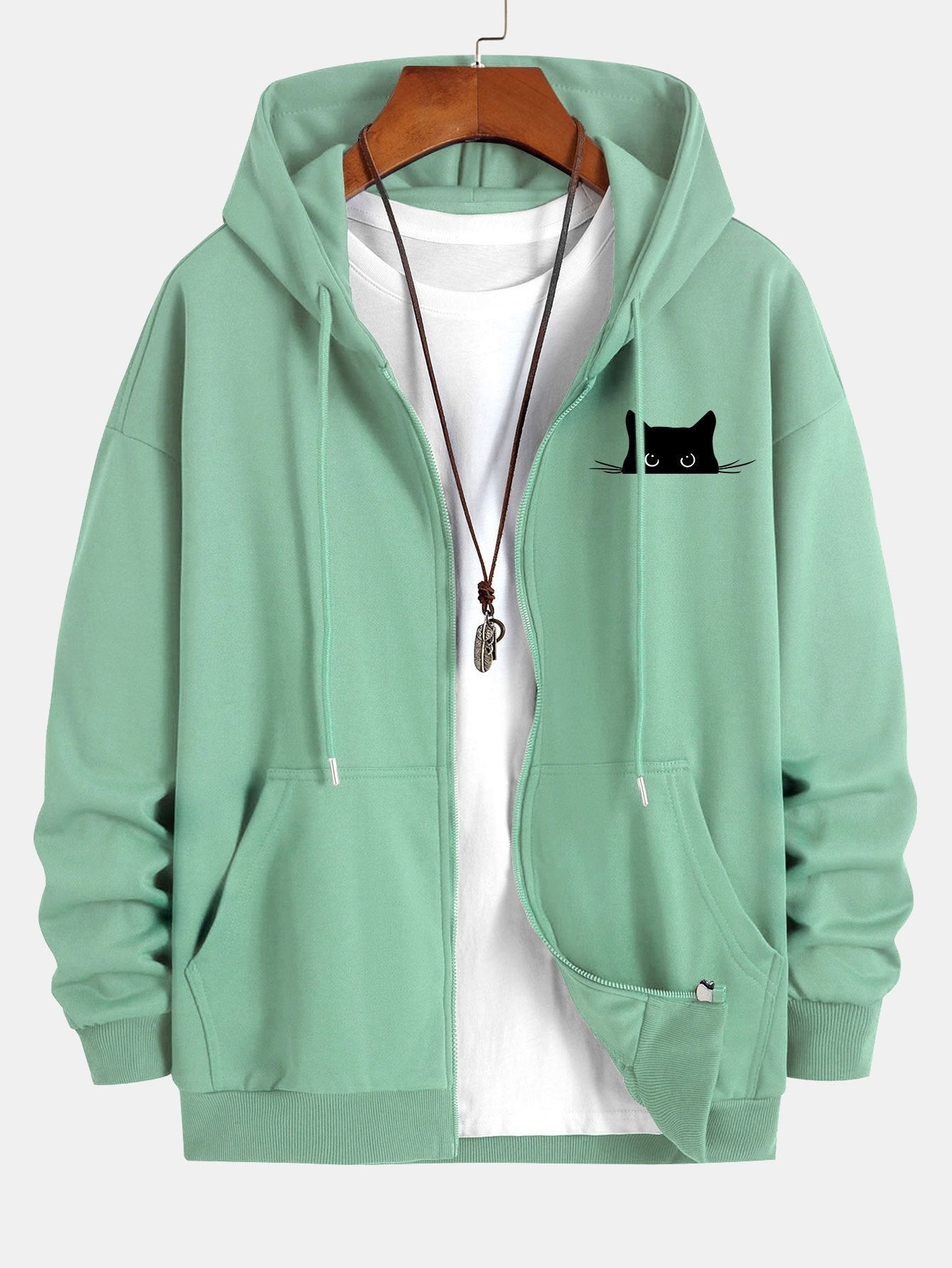 Black Cat Print Relax Fit Zip Hoodie