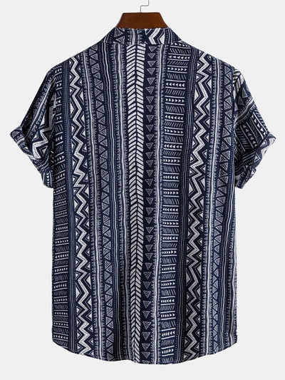 Tribal Geometric Print Half Placket Henley Collar Shirt