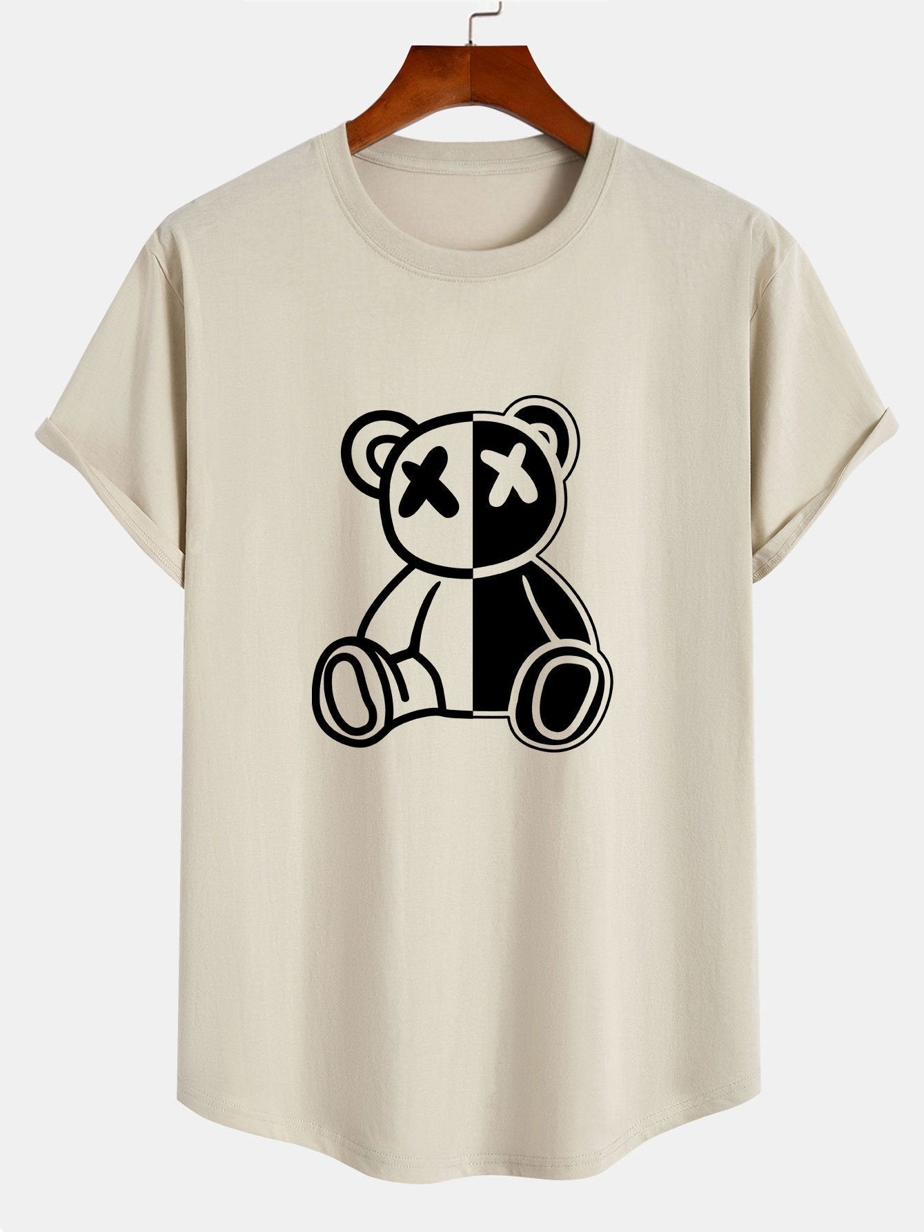 Bear Print Cotton Arc Hem T-Shirt