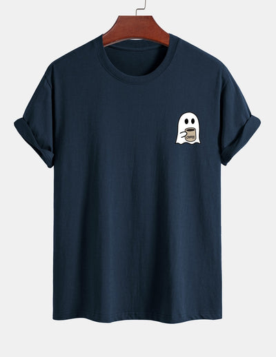 Regular Fit Ghost Drinking Coffee Print Cotton T-Shirt