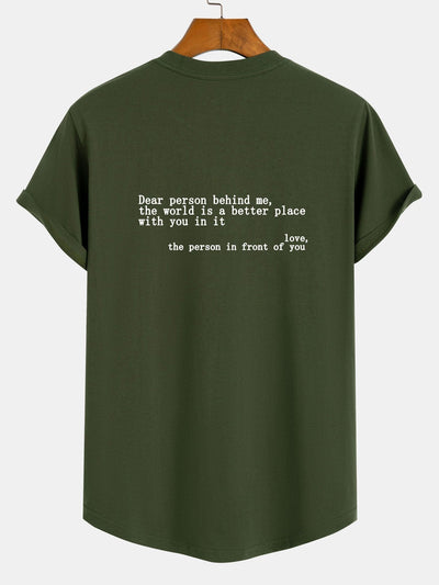 Slogan Print Cotton Arc Hem T-Shirt