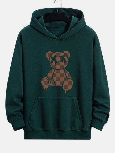 Plaid Dissolving Bear Print Relax Fit Hoodie