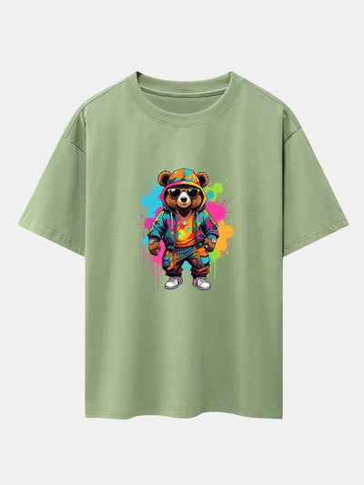 Graffiti Bear Print Drop Shoulder Oversize T-Shirt
