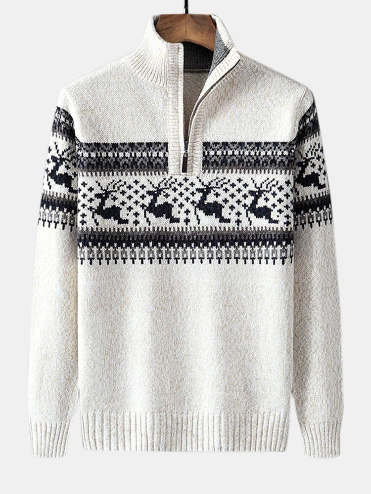 Christmas Moose Print Half Zip Sweater