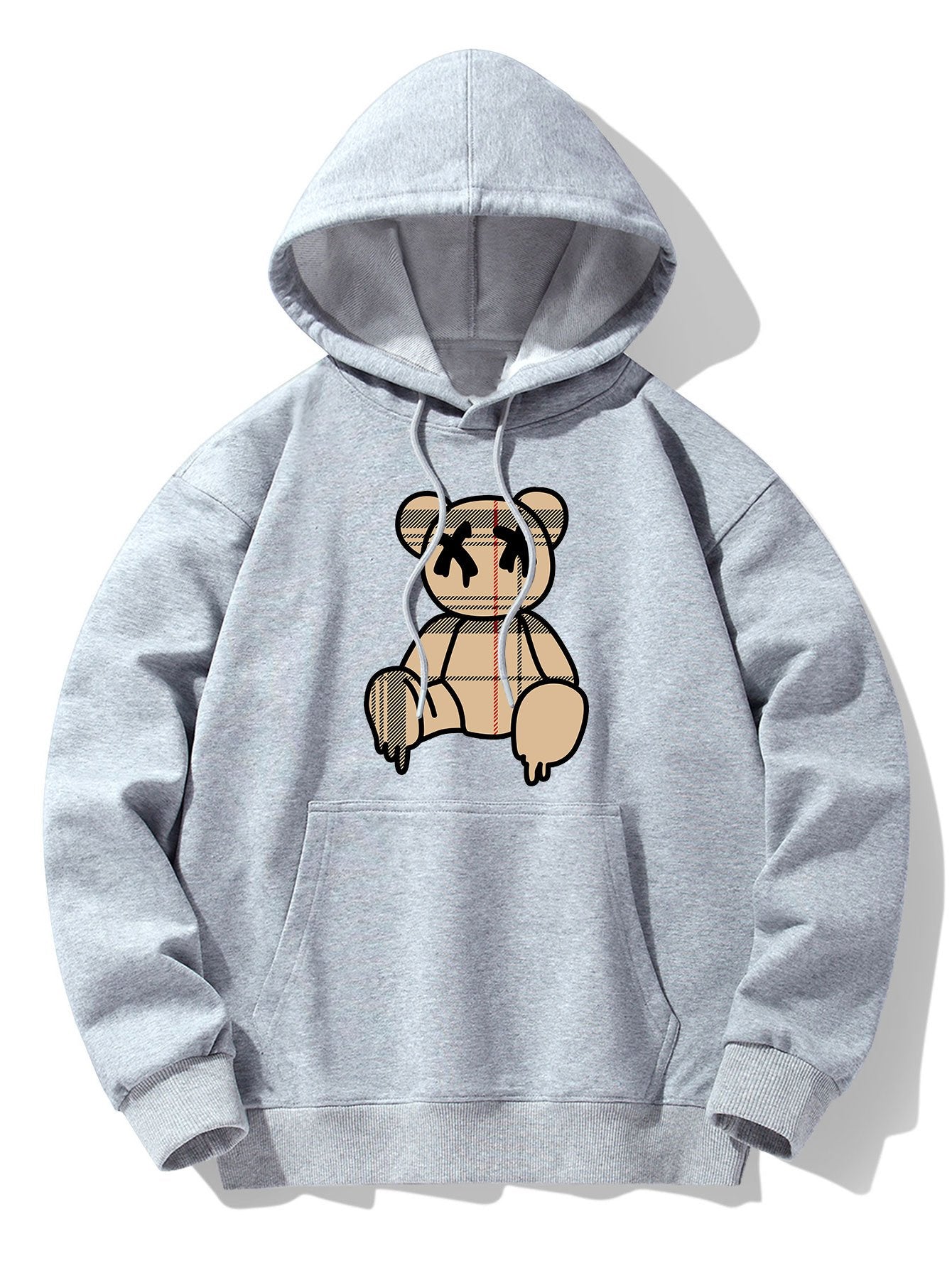Plaid Pattern Dissolving Bear Print Drop Shoulder Relaxed Hoodie