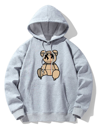 Plaid Pattern Dissolving Bear Print Drop Shoulder Relaxed Hoodie