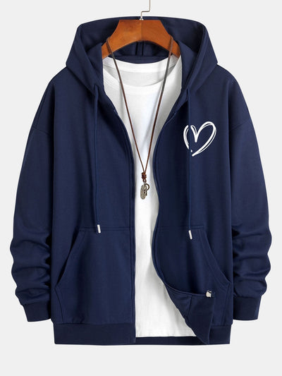Heart Print Relax Fit Zip Hoodie
