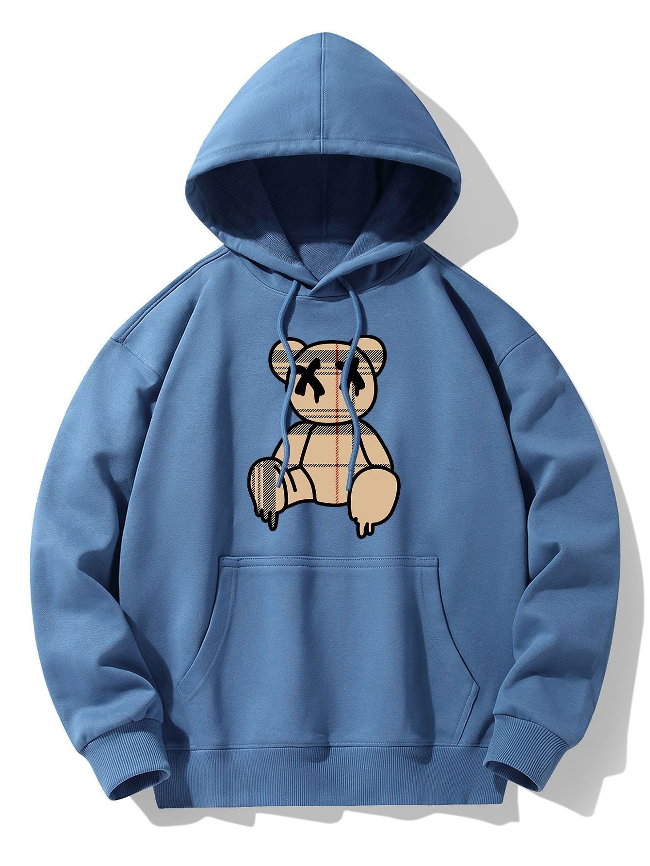 Plaid Pattern Dissolving Bear Print Drop Shoulder Relaxed Hoodie