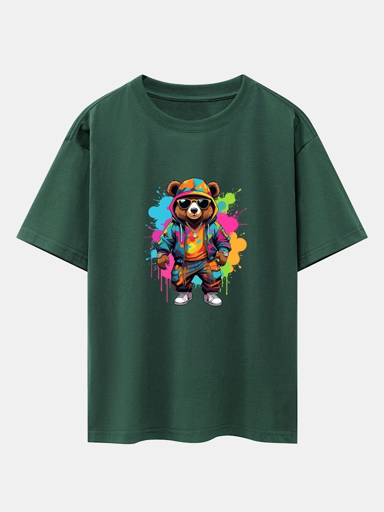 Graffiti Bear Print Drop Shoulder Oversize T-Shirt