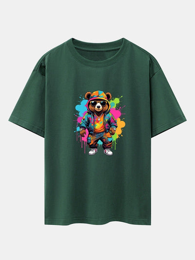 Graffiti Bear Print Drop Shoulder Oversize T-Shirt