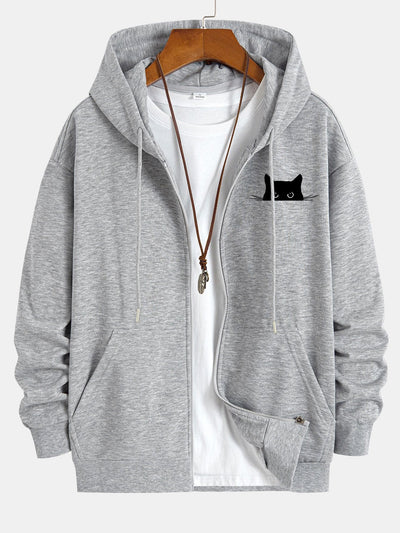Black Cat Print Relax Fit Zip Hoodie