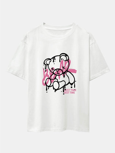 Dissolving Bear Print Drop Shoulder Oversize T-Shirt