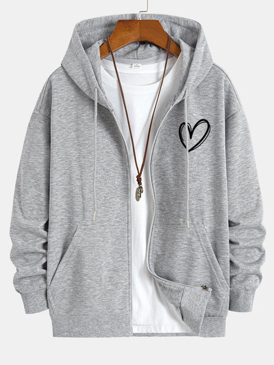 Heart Print Relax Fit Zip Hoodie