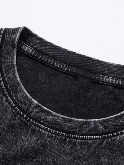 Smiley Face Print Relax Fit Long Sleeve Washed Distressed T-Shirt