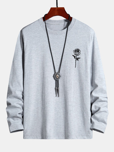 Long Sleeve Rose Print Cotton T-Shirt