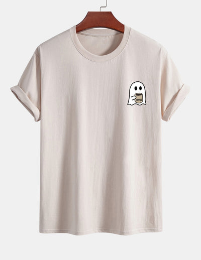 Regular Fit Ghost Drinking Coffee Print Cotton T-Shirt