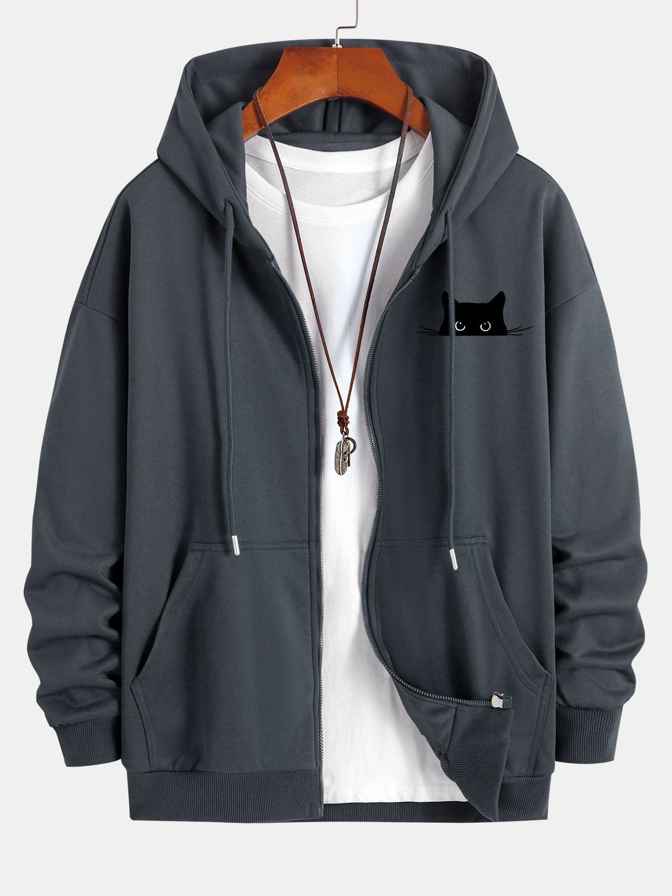 Black Cat Print Relax Fit Zip Hoodie