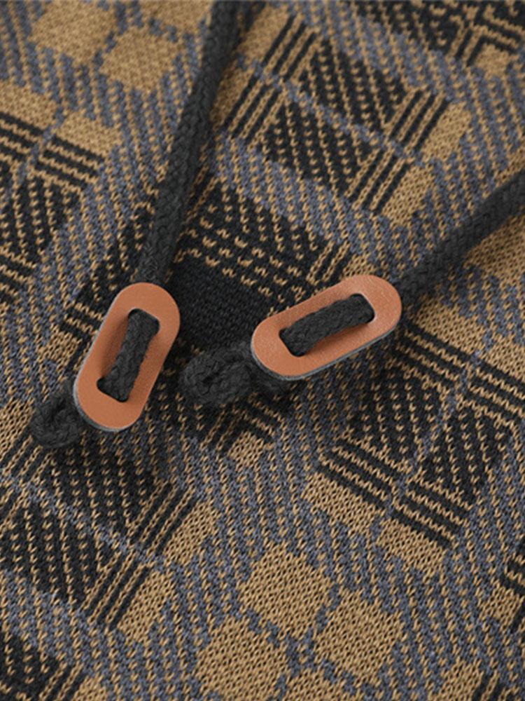 Slim Fit Knitted Plaid Paneled Hooded Sweater