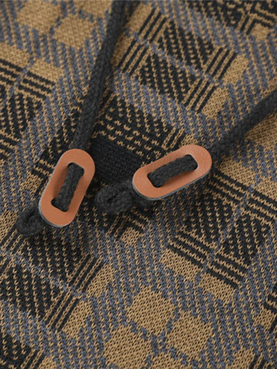 Slim Fit Knitted Plaid Paneled Hooded Sweater