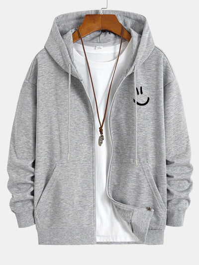 Smiley Face Print Relax Fit Zip Hoodie