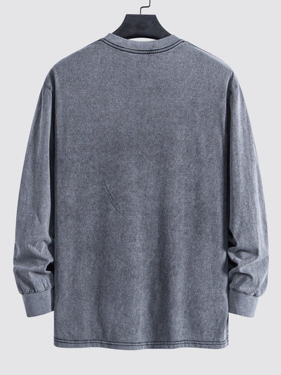 Smiley Face Print Relax Fit Long Sleeve Washed Distressed T-Shirt