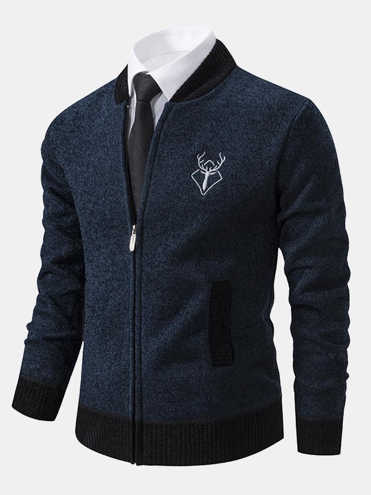 Elk Embroidered Contrast Baseball Collar Sweater