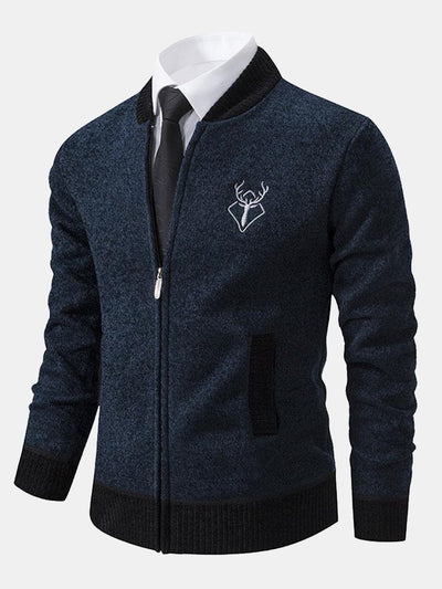 Elk Embroidered Contrast Baseball Collar Sweater