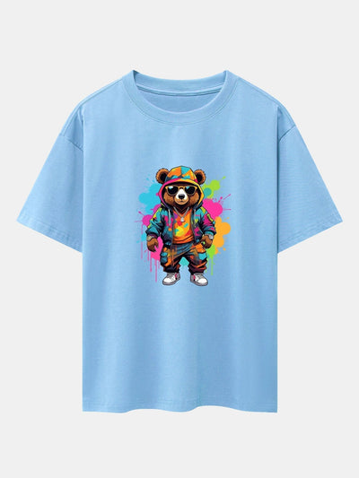Graffiti Bear Print Drop Shoulder Oversize T-Shirt