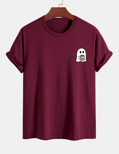 Regular Fit Ghost Drinking Coffee Print Cotton T-Shirt