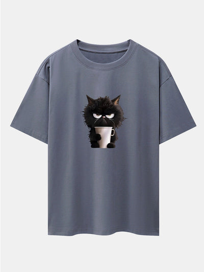 Black Cat Drinking Coffee Print Drop Shoulder Oversize T-Shirt