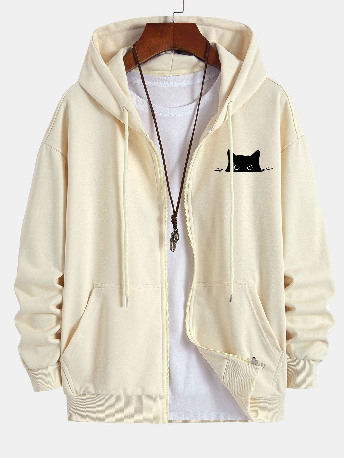 Black Cat Print Relax Fit Zip Hoodie