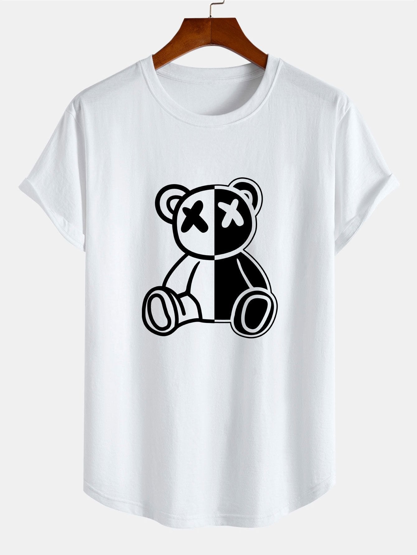Bear Print Cotton Arc Hem T-Shirt
