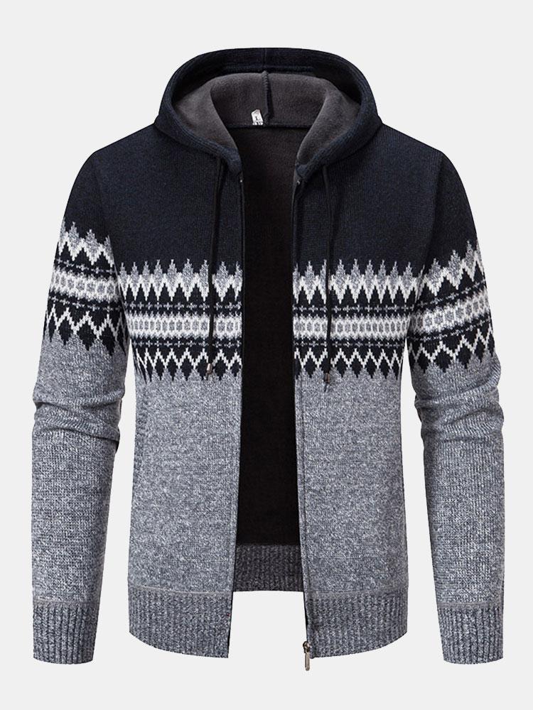 Geometric Pattern Zip Hooded Sweater