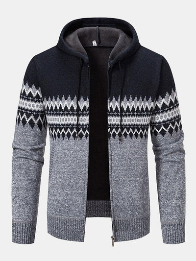 Geometric Pattern Zip Hooded Sweater