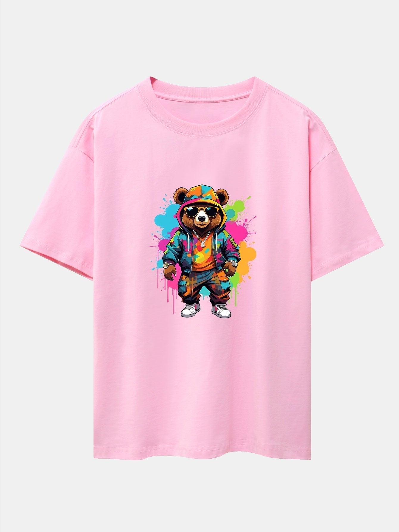 Graffiti Bear Print Drop Shoulder Oversize T-Shirt