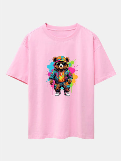 Graffiti Bear Print Drop Shoulder Oversize T-Shirt