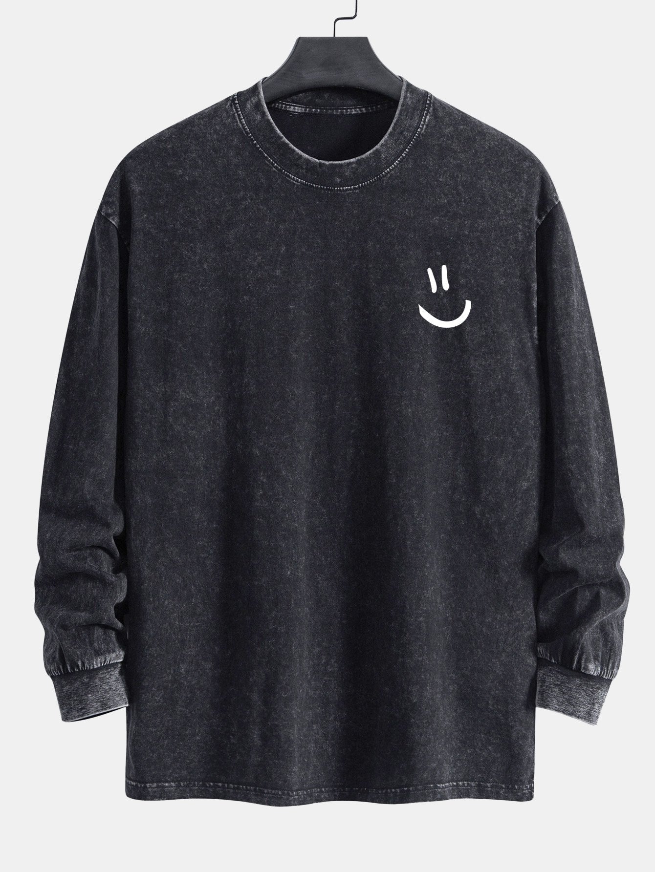 Smiley Face Print Relax Fit Long Sleeve Washed Distressed T-Shirt
