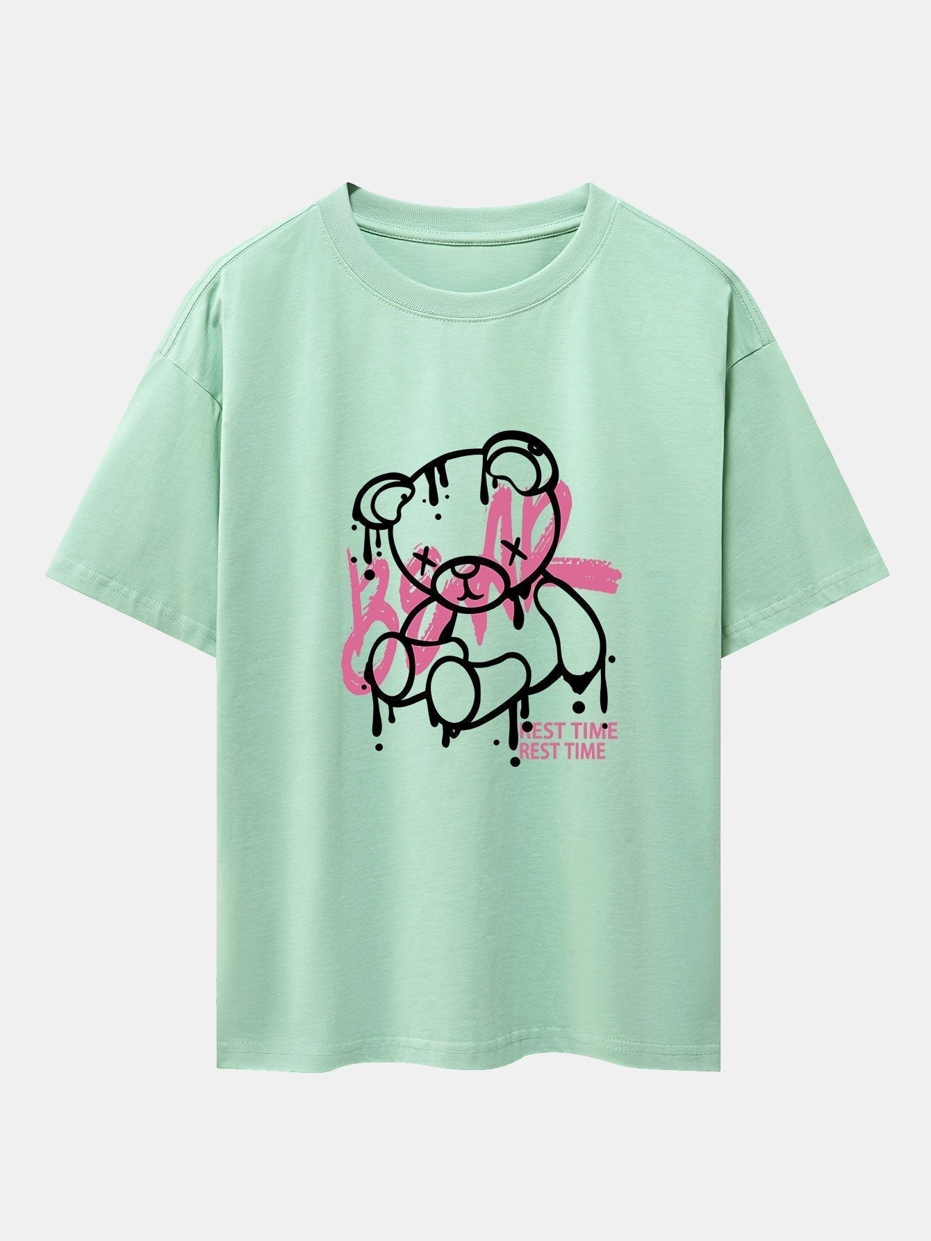 Dissolving Bear Print Drop Shoulder Oversize T-Shirt