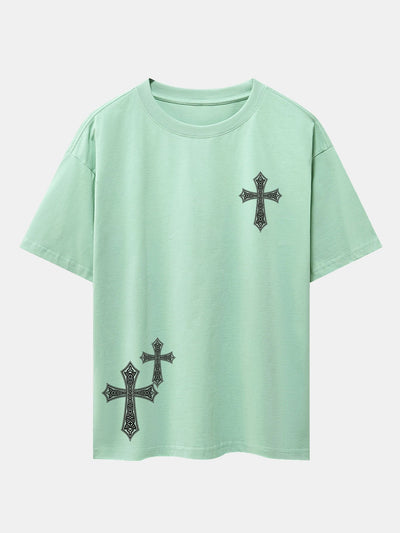 Ornamental Cross Print Drop Shoulder Oversize T-Shirt