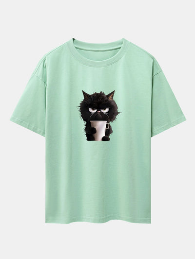 Black Cat Drinking Coffee Print Drop Shoulder Oversize T-Shirt